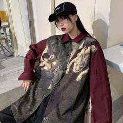 Women Retro Angel Oil Painting Print Lapel Casual Shirt