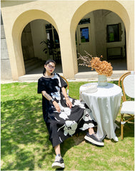 Women Round Neck Contrast Printing Retro Casual Dress