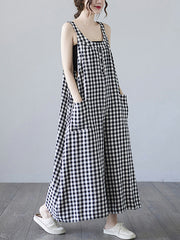 Literary Plaid Sleeveless Casual Loose Jumpsuit