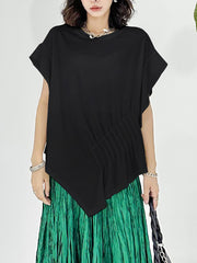 Irregular Clipping Roomy Pleated Pure Color Split-Joint Round-Neck T-Shirts