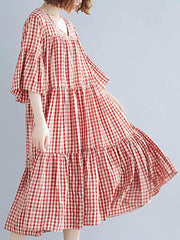 Loose V-Neck Graceful Plaid Midi Dress