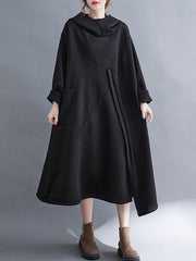 Fleece Thick Hooded Irregular Stitching Casual Midi Dress