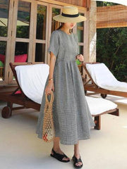 Ramie Cotton Plus Size Plaid Fresh Midi Dresses