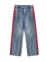 High Waisted Wide Leg Contrast Color Striped Jean Pants Bottoms