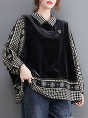 Large Size Loose Fake Two-Piece Plaid Bat Sleeve Top