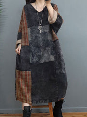 Cowboy Patchwork Plaid Loose Midi Dress