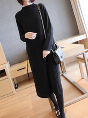 Plain Elasticity Pleated Knit Midi Dress