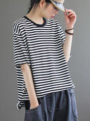 Vintage Loose Striped Round Neck T-Shirt