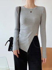Round Neck Solid Long Sleeves Knitted T-Shirt