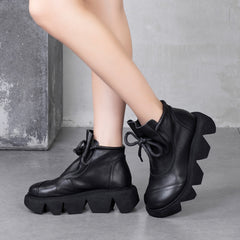 Women's Retro Casual Thick Bottom Round Toe Solid Color Lace-Up Boots