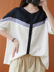 Artistic Color-Block Round-Neck Blouse Tops