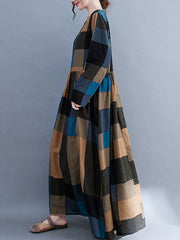 Loose Plaid Printed Long Sleeve Maxi Dress