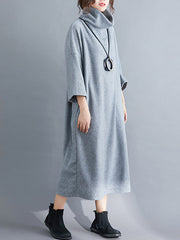 Stand Collar Soild Casual Midi Dress