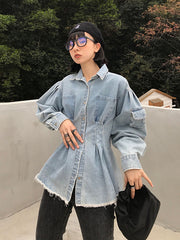 Loose Lapel Collar Long Sleeve Denim Shirt