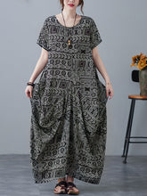Retro Ethnic Round Neck Short Sleeve Maxi Dress