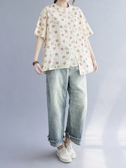 Floral Print Stand Collar Casual T-Shirt