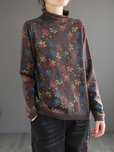 Women Retro High Collar Printed Loose Bottoming Sweater