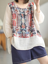 Round Neck Split-Joint Jacquard Casual Blouse