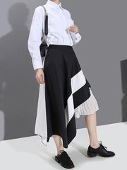 Asymmetric Contrast Color Pleated Splicing A-Line Skirt