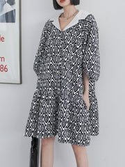 Puff Sleeves Printed Loose A-Line Midi Dress