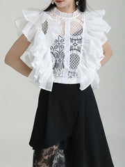 Flying Sleeves Gauze See-Through Split-Joint Round-Neck Blouses&Shirts Tops