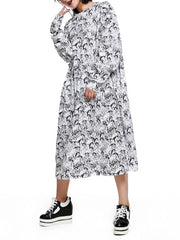 Round Neck Printed Long-Sleeved Cotton Maxi Dress