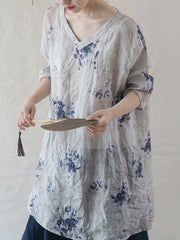 Ramie Printed V-Neck Loose Dresses