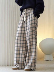 Retro High Waist Drawstring Plaid Wide-Leg Pants