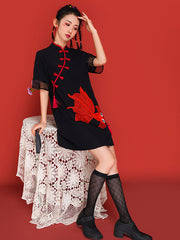 Koi Embroidery A-Line Cheongsam Mini Dress