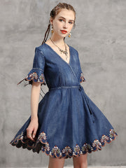 Original Applique V-Neck Denim Dress