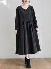 Women Retro Long Sleeve Solid Color V-Neck Dress