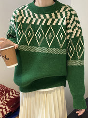 Women Retro Contrast Color Casual Sweater
