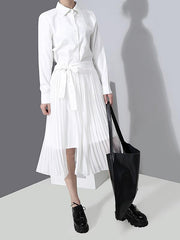 Solid Splicing Lace-Up Pleated Midi Dress