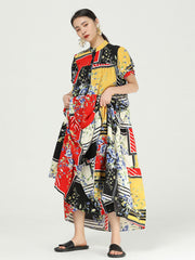 Women Retro Round Neck Print Color Block Floral Dress