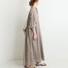 Solid Color Puff Sleeve Button Loose Dress