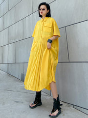 Original Roomy Pure Color Pleated Shirt Dress Midi Dress