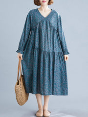 Loose V-Neck Vintage Long Sleeve Dress