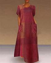 Casual Loose Plaid Round Neck Maxi Dress
