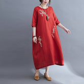 Women Retro Embroidered Solid Color Pullover Dress