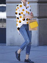 Long Sleeves Loose Contrast Color Polka Dot Printed Lapel Blouses