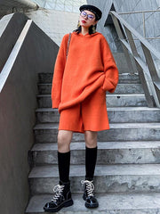 Two-Pieces Solid-Color Knitted Hoodie And Shorts Sets