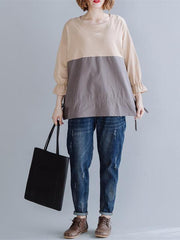Loose Contrast Color Round Collar Falbala T-Shirt