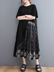 Splicing Print Round Collar Casual Short Sleeve Dress