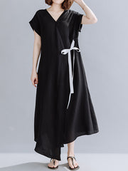 Solid Color V-Neck Tie Raglan Sleeve Plus Size Maxi Dress