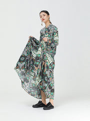 Women Retro Print Round Neck Casual Dress