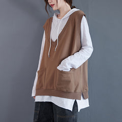 Women Literary Sleeveless Vest Hooded Sweater
