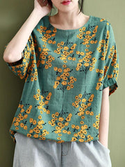 Vintage Flower Print Round Neck T-Shirt
