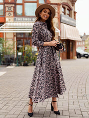 Long Sleeve Tie Button Printed Shirt Dress