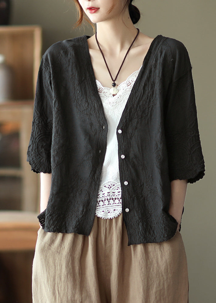 Fresh Literary Embroidery Cardigan V-Neck Loose Top