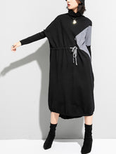 High Neck Knit Color Block Drawstring Midi Dress